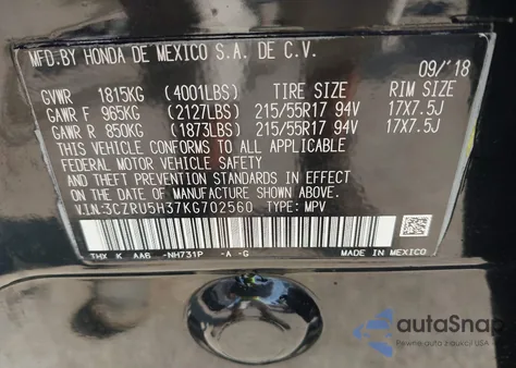 2019 Honda Hr-V Lx z USA, uszkodzony, nr VIN 3CZRU5H37KG702560